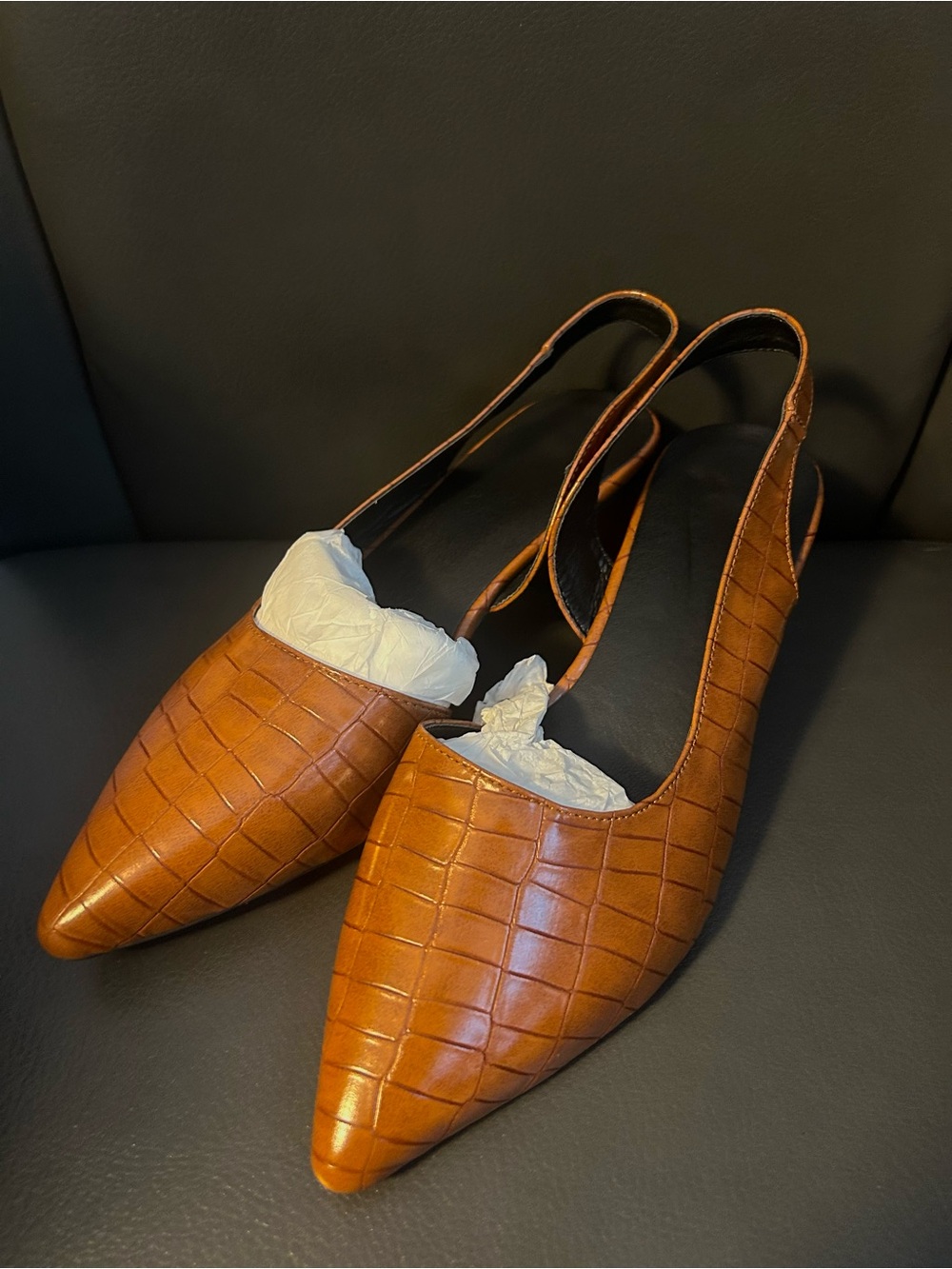Lynn - Pointed Croc-Embossed Slingback Mules in Cognac Brown (Size 36)